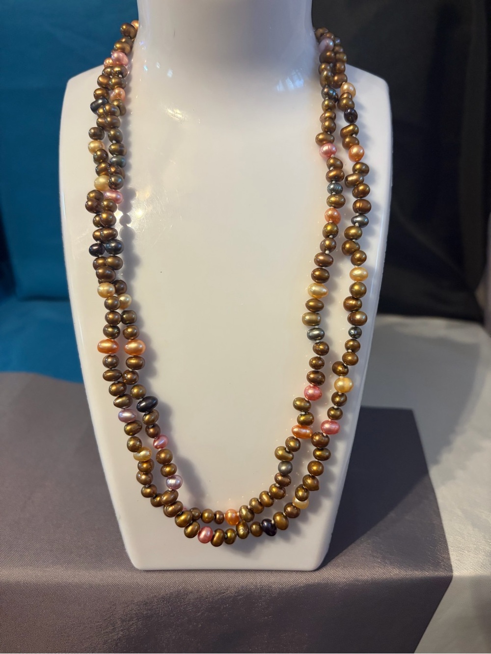 Freshwater Pearl Bead Necklace - Golden Brown with Pink Accents - Picture 2 of 4
